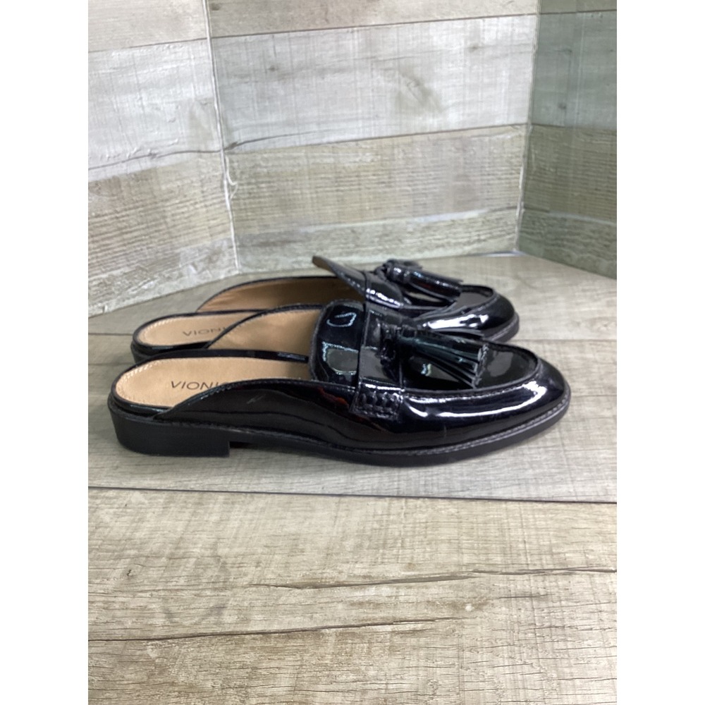 Vionic Reagan Black Patent Leather Tassel Mules Loafers 9.5 TVW5034